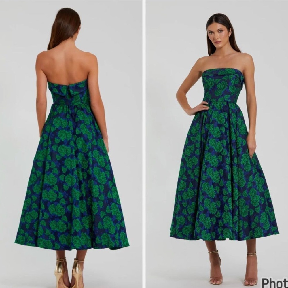 Mac Duggal Navy Strapless Floral Tea-Length Dress